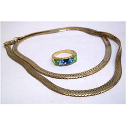 Herringbone Chain w/ 14K Gold Clasp, Costume Ring