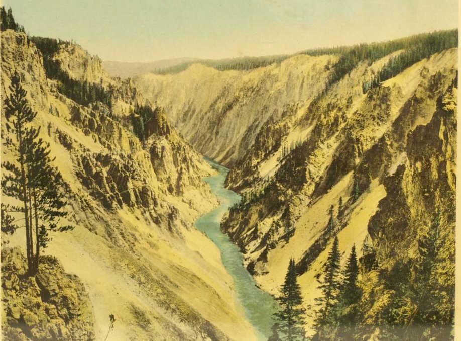 C. 1920's three panel hand tinted photographs of Yellowstone Park in it