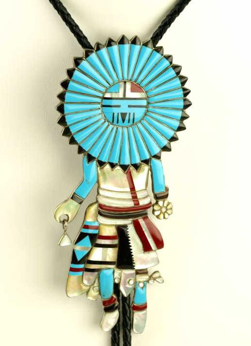 Superb Zuni inlaid silver sun face Kachina Bolo tie by noted Zuni