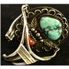 Image 1 : Navajo old pawn double rotating bracelet in sterling silver, unsigned and set with red coral and tur