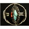 Image 2 : Navajo old pawn double rotating bracelet in sterling silver, unsigned and set with red coral and tur