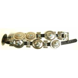 Contemporary nickel silver Concho belt set with Kingman turquoise.