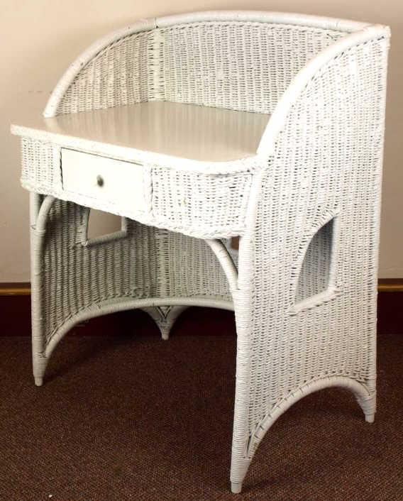 Collection Of 2 White Wicker Items Including Vintage Writing Desk With Center Drawer And Contemporar
