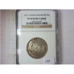 1991-S MT. RUSHMORE 1/2 DOLLAR NGC PF69 ULTRA CAM