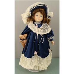 Porcelain 16 In Doll w/ Teddy Bear in Blue Velvet Dress