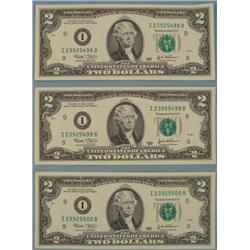 (3) 2003 $2 Bills Consecutive # Minnesota Notes UNC