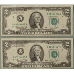 2 UNC 1976 Consec # $2 Dollar Note Bills G Mint Chicago