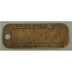 1945 Vintage Womans South Carolina Drivers License Tag