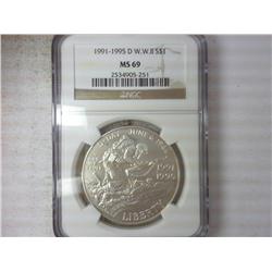 1991-95-D WWII US SILVER DOLLAR NGC MS69