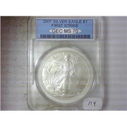2007 $ AMERICAN SILVER EAGLE 1ST STRIKE GEC MS70