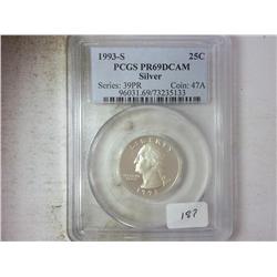 1993-S WASHINGTON SILVER QUARTER PCGS PR69DCAM