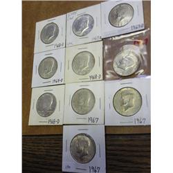 10 ASSORTED 1967-69 SILVER KENNEDY HALF DOLLARS