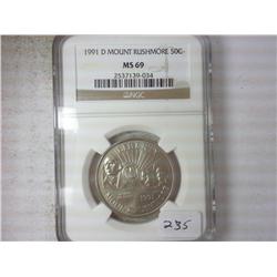 1991-D MT. RUSHMORE HALF DOLLAR NGC MS69