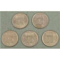 5 Different UNC Netherlands 25 Cent Coins 1964