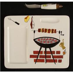 Hand Painted Ceramic Meal Server Tray, Knife for Grill