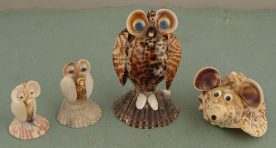 4 Seashell Animals Handmade Shell Owl, Mouse Collection