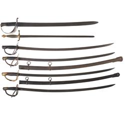 Four U.S. Cavalry Sabers, M1840 Musicians Sword and a cutlass Bayonet