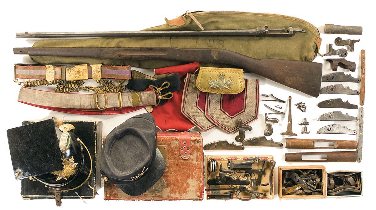 Large Quantity of Assorted Gun Parts and Military Uniform Accessories