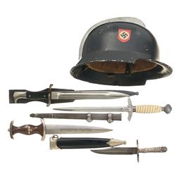 Silver Finished Sheffield Bowie, Three Nazi Daggers and a Nazi Police Helmet