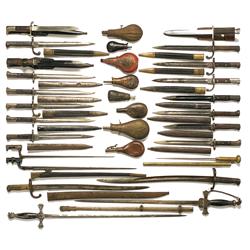 Assortment of Edged Weapons, Powder Flasks, and Shot Bags