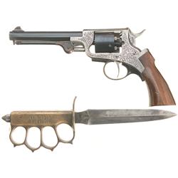 Engraved German Single Action Percussion Revolver with U.S. Model 1918 Trench Knife