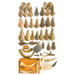 Large Assortment of Powder Flasks and Horns