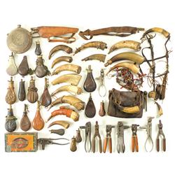 Assortment of Powder Horns, Shot Bags, Powder Flasks, Bullet Molds, and Loading Tools