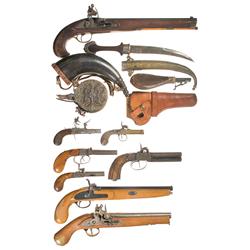 Eight Antique Handguns with Miscellaneous Items