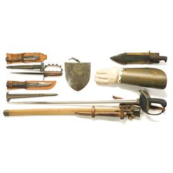 Grouping of Tools and Edged Weapons, Including a U.S. 1913 Sword