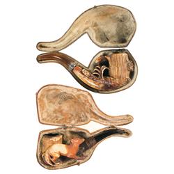 Two Finely Carved Animal Themed Meerschaum Pipes with Cases