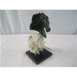A14-118 JADE HORSE HEAD ON ROCK CRYSTAL CLUSTER