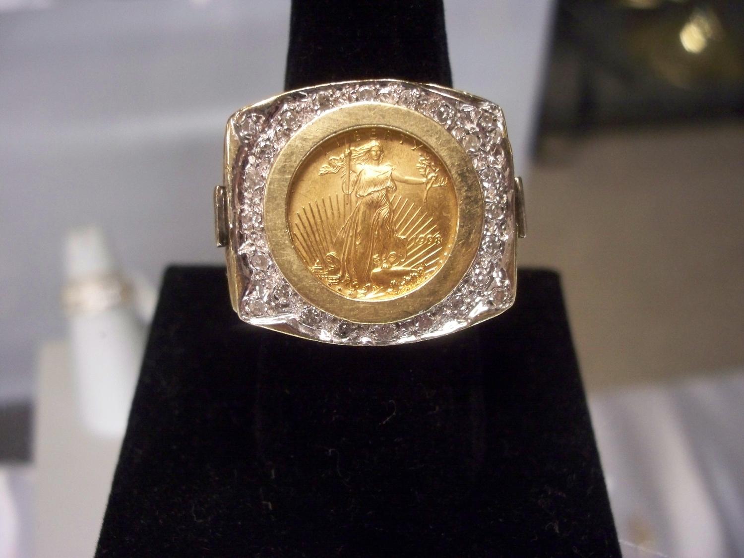 St. Gaudens Gold Coin Diamond Mens Ring, 35 Grams 14K