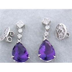 18k Gold Dangling Earrings with Amethyst and Diamonds