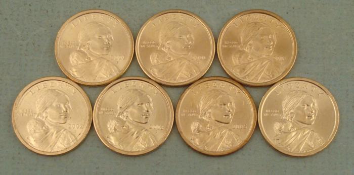 7 Diff Date Sacagawea Gold BU Dollars 2000 2009