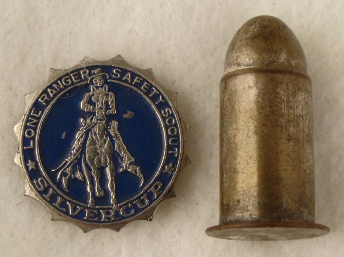 2 Lone Ranger Premiums: Safety Scout Pin, Silver Bullet