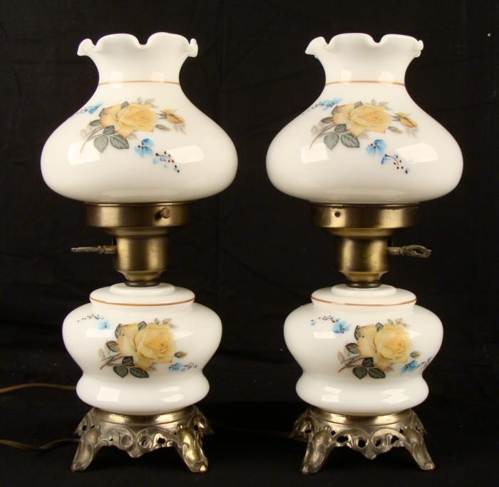 Pair Vintage White Glass Floral Hurricane Lamps