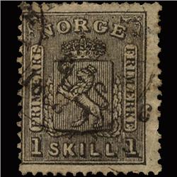 1867 RARE Norway 1s Dark Gray Type 2 Used Stamp (STM-1316)