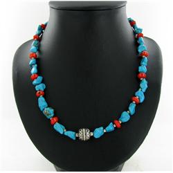 195ct Turquoise Red Coral & Nickel Bead Necklace (JEW-2184)