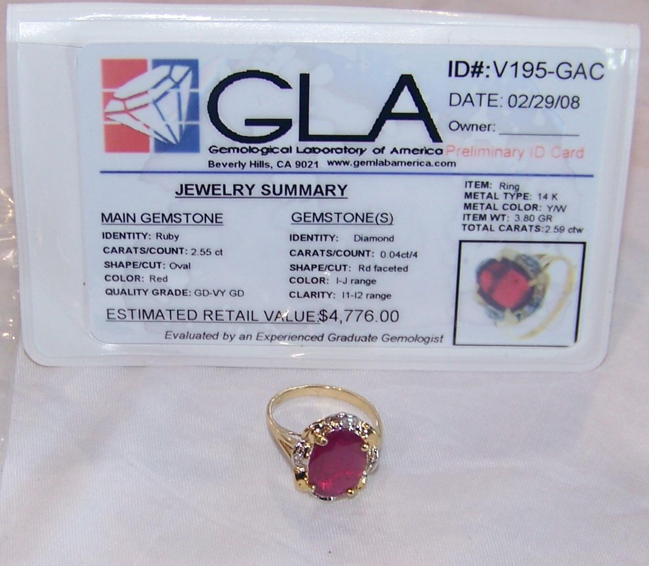 Ruby & Diamond 14K Ring W/ GLA certificate Estimated Retail Value: $4,776