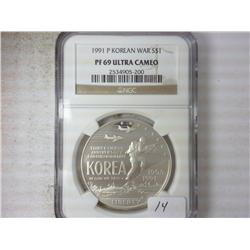 1991-P KOREAN WAR SILVER DOLLAR NGC PF69 ULTRA CAM