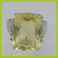 Genuine  16.97 ctw  Lemon Quartz Ring  14KT White Gold  Ring Size  7.75