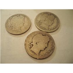 3 Silver Barber Quarters 1903, 1907-S, 1895