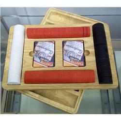 Poker Chips and Playing Cards in Wooden Box