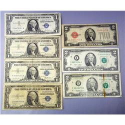 Lot- $1 & $2 Silver Certificates Blue,Red,Green