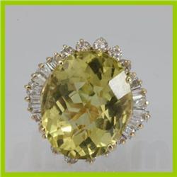 Genuine  15.14 ctw  Lemon Quartz Ring  14KT Yellow Gold  Ring Size  5.75