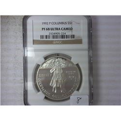 1992-P COLUMBUS SILVER DOLLAR NGC PF68 ULTRA CAMEO