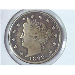 1892 LIBERTY "V" NICKEL (VERY FINE)