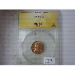 1954-S LINCOLN CENT ANACS MS65 RED