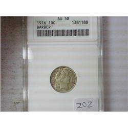 1916 BARBER DIME ANACS (AU 58)