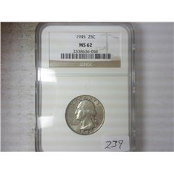 1945 WASHINGTON SILVER QUARTER NGC MS62